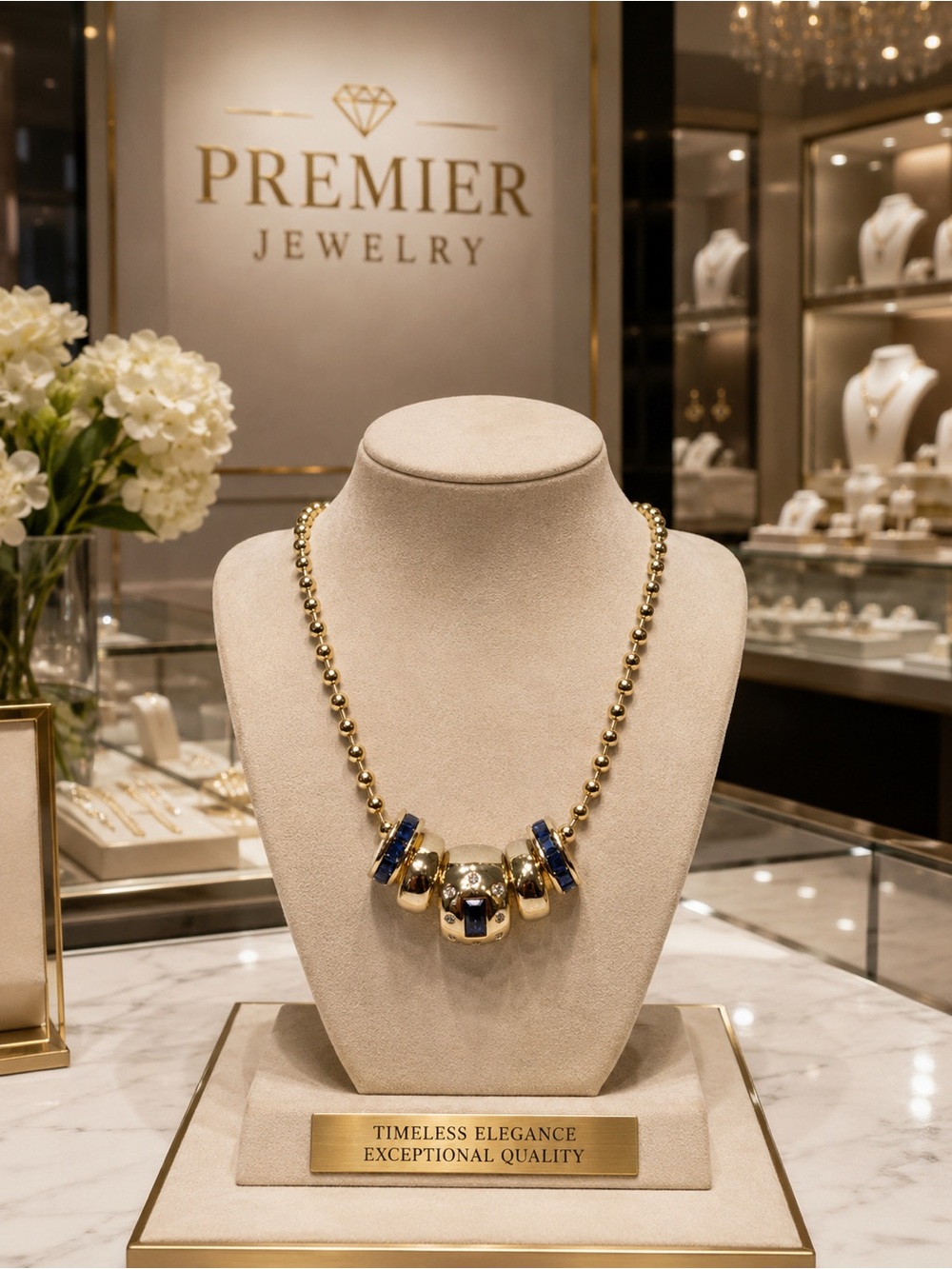 Gorgeous gold plated 24 inch ball chain with simulated blue sapphires and gold